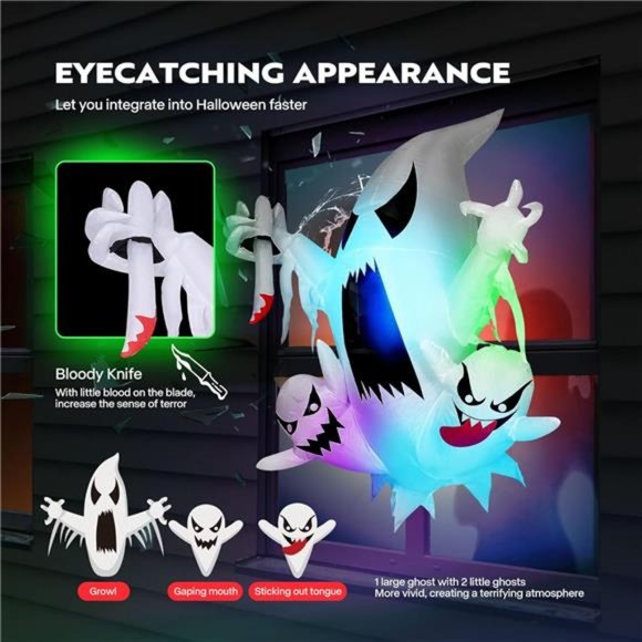 3.5ft Halloween Inflatable 3 Ghost Sword& Colorful Lights Broke Out from Window - Picture 2 of 6